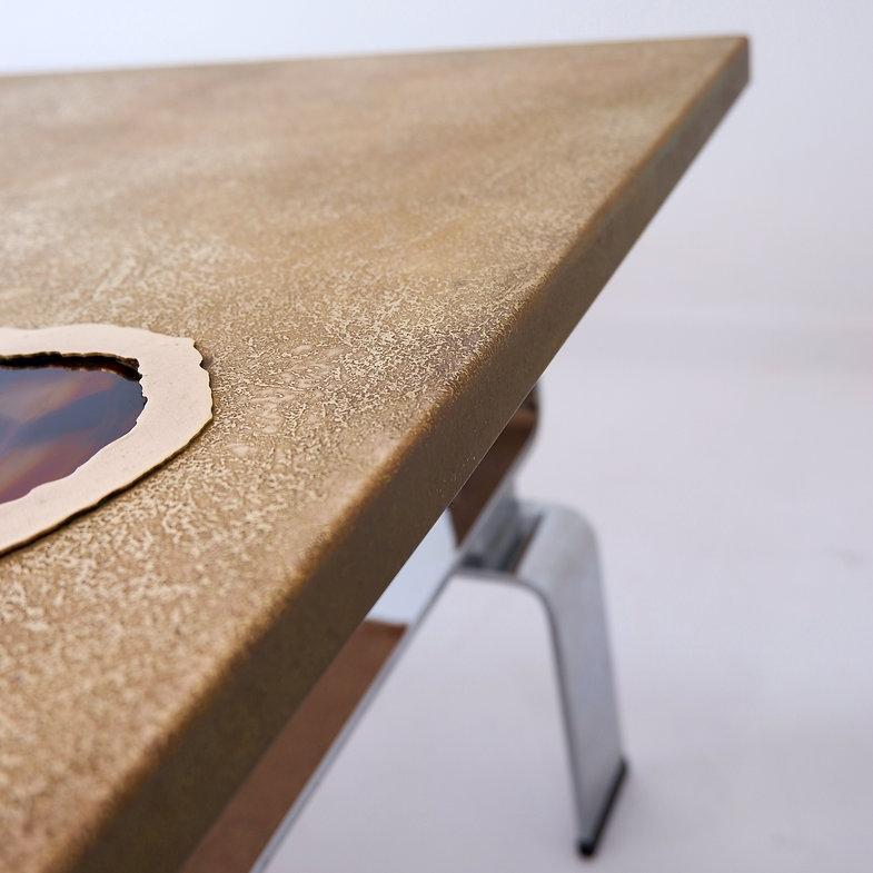 20th Century Acid-etched brass coffee table top by Christian Krekels with an agate stone For Sale