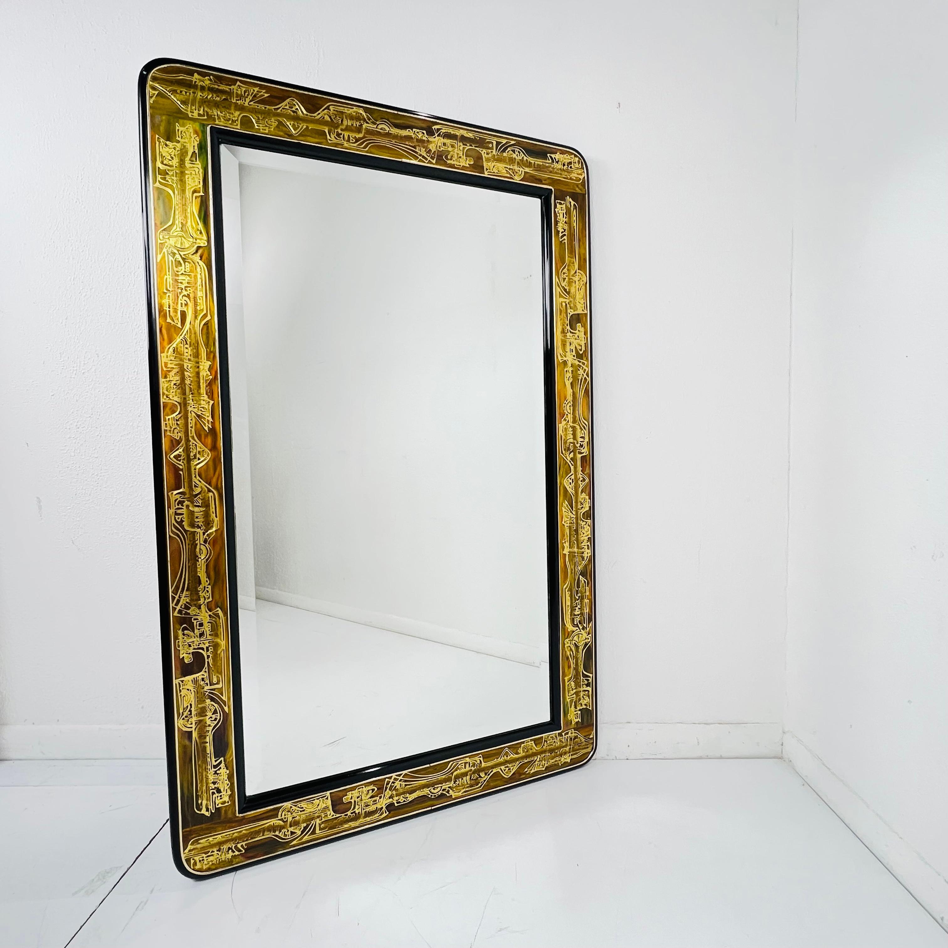 Brutalist Acid Etched Brass Mirror by Bernhard Rohne for Mastercraft For Sale