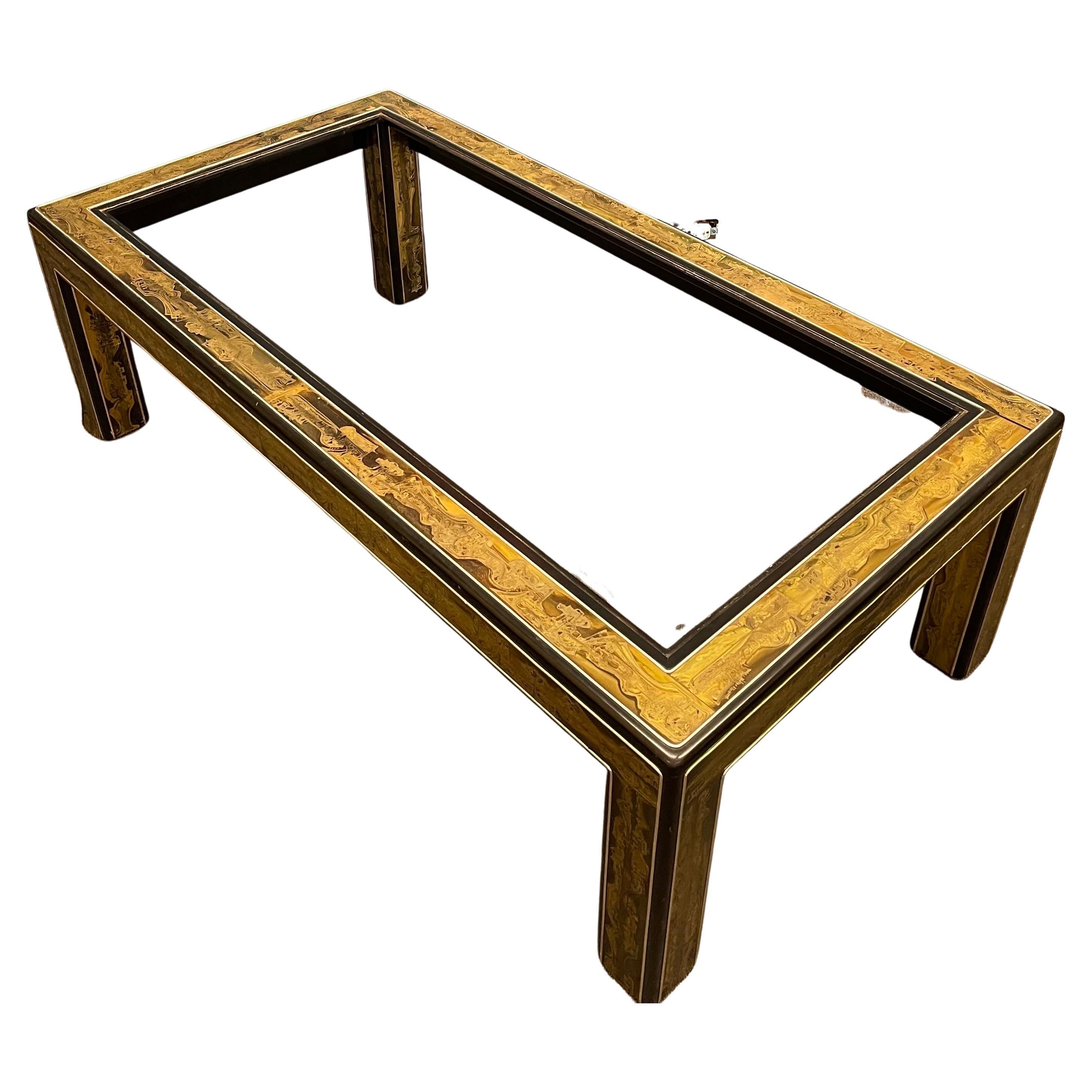 Acid-Etched Brass with Ebony Lacquer Coffee Table by Bernhard Rohne Mastercraft For Sale 7