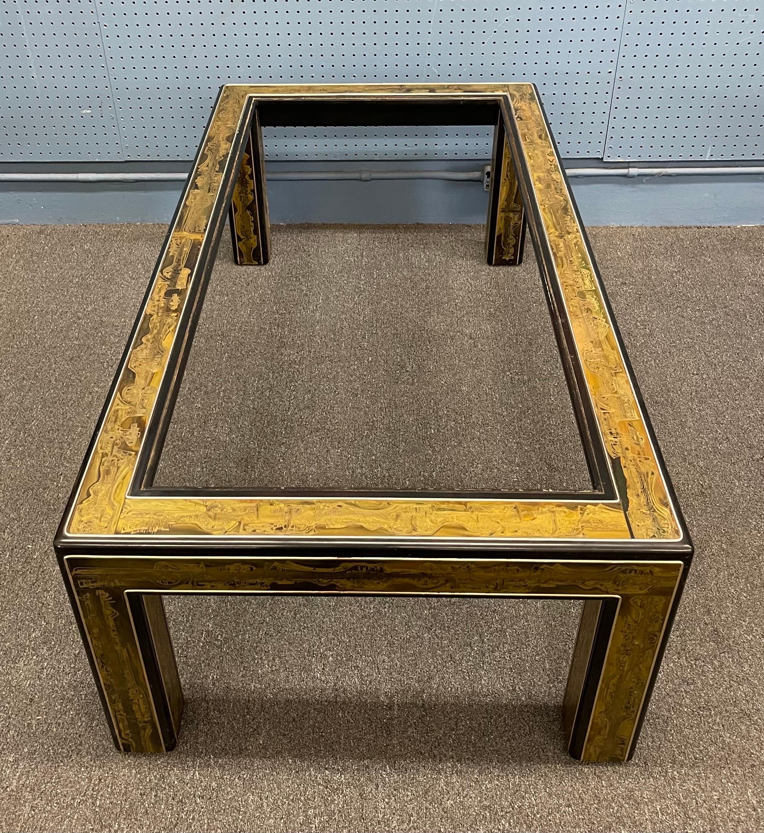 Acid-Etched Brass with Ebony Lacquer Coffee Table by Bernhard Rohne Mastercraft In Good Condition For Sale In San Diego, CA