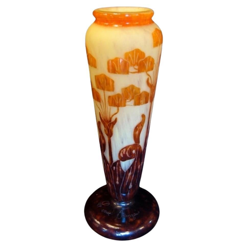 Acid Etched Cameo Glass Vase by Le Verre Francais For Sale