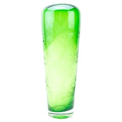 Acid Etched Green Cameo Glass "Birds" Vase