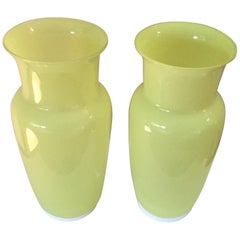 Acid Signed Pair of Vibrant Yellow Venini Murano Italia Vases
