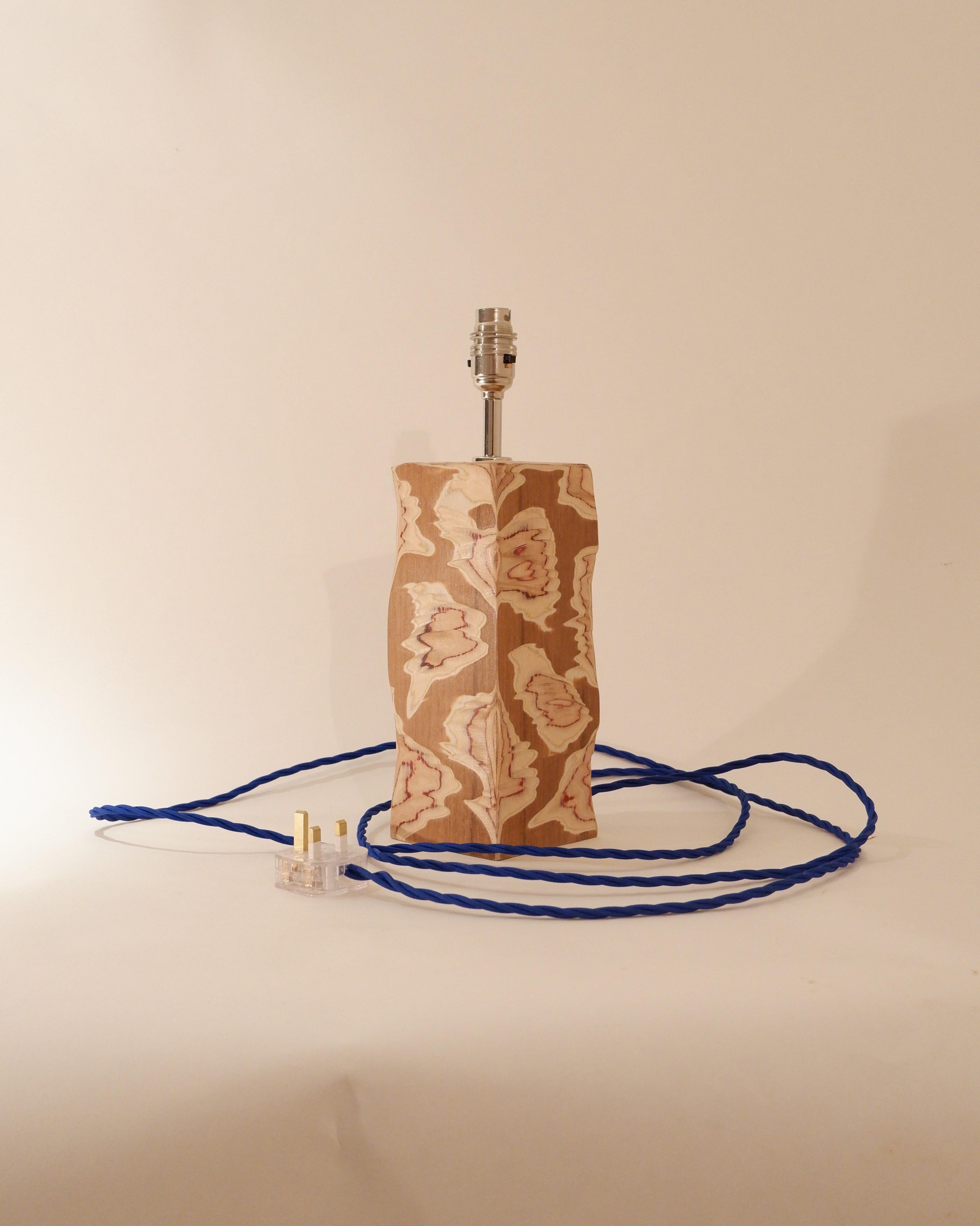 British Acid Table Lamp. Modern carved teak lamp with fabric shade by Josh Page Studio For Sale