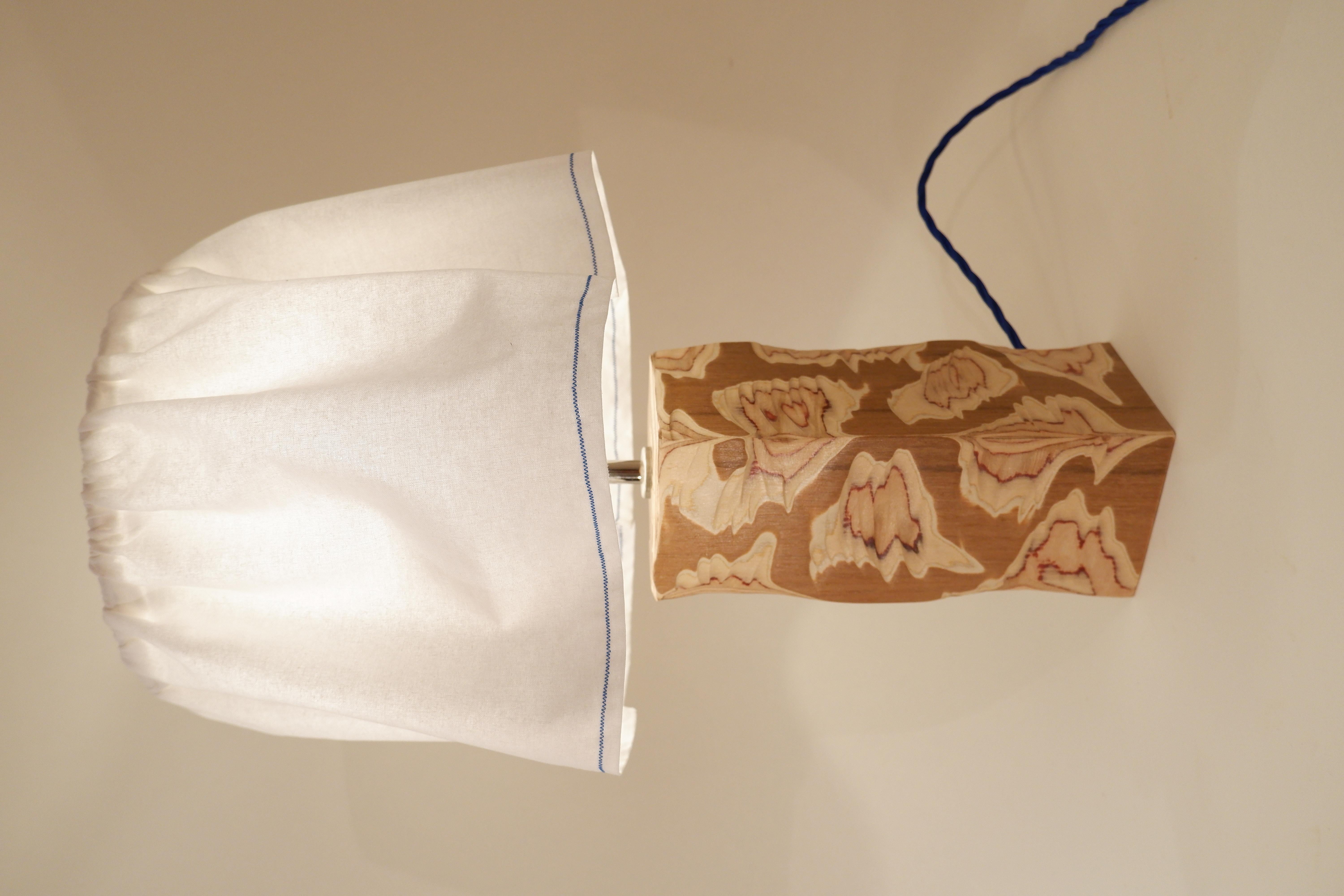 Contemporary Acid Table Lamp. Modern carved teak lamp with fabric shade by Josh Page Studio For Sale