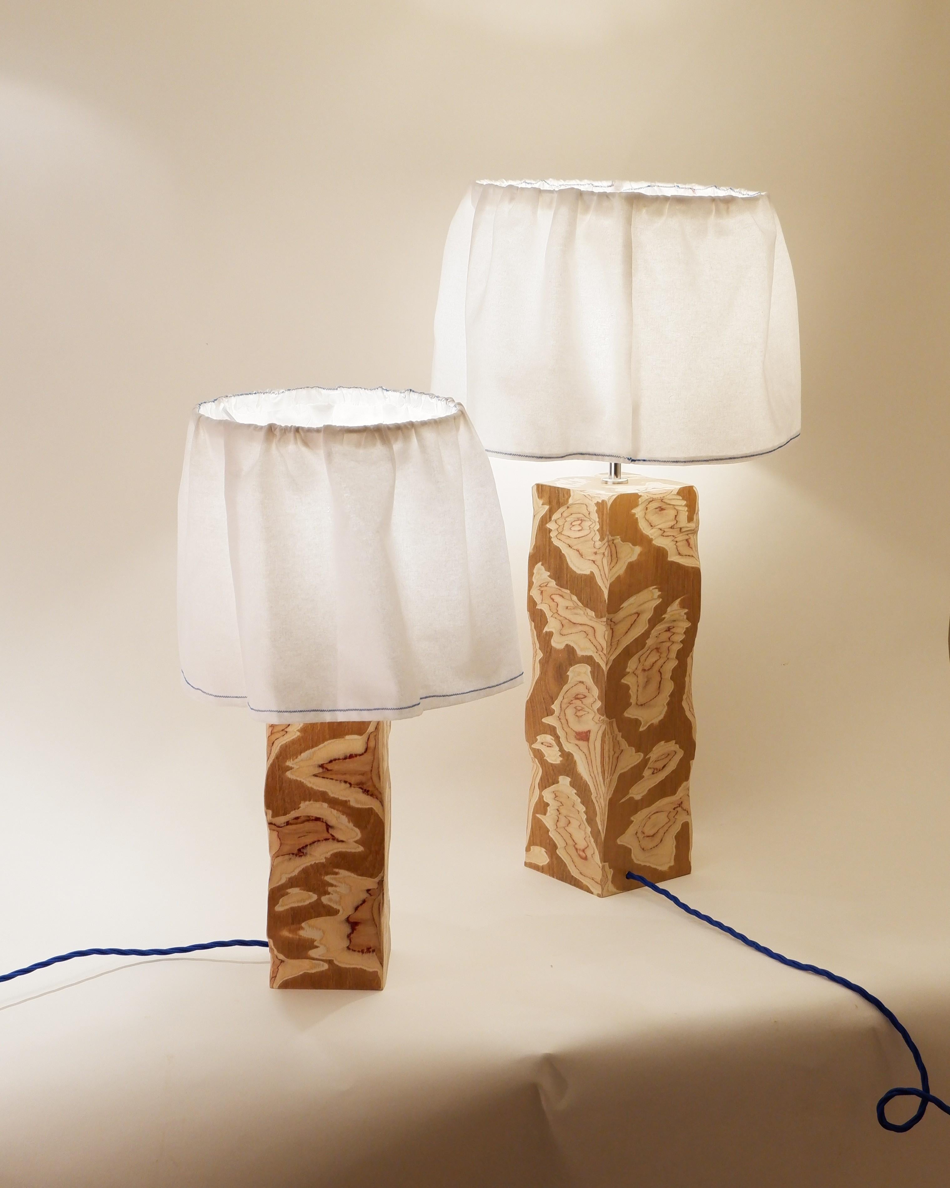 Acid Table Lamp. Modern carved teak lamp with fabric shade by Josh Page Studio For Sale 1