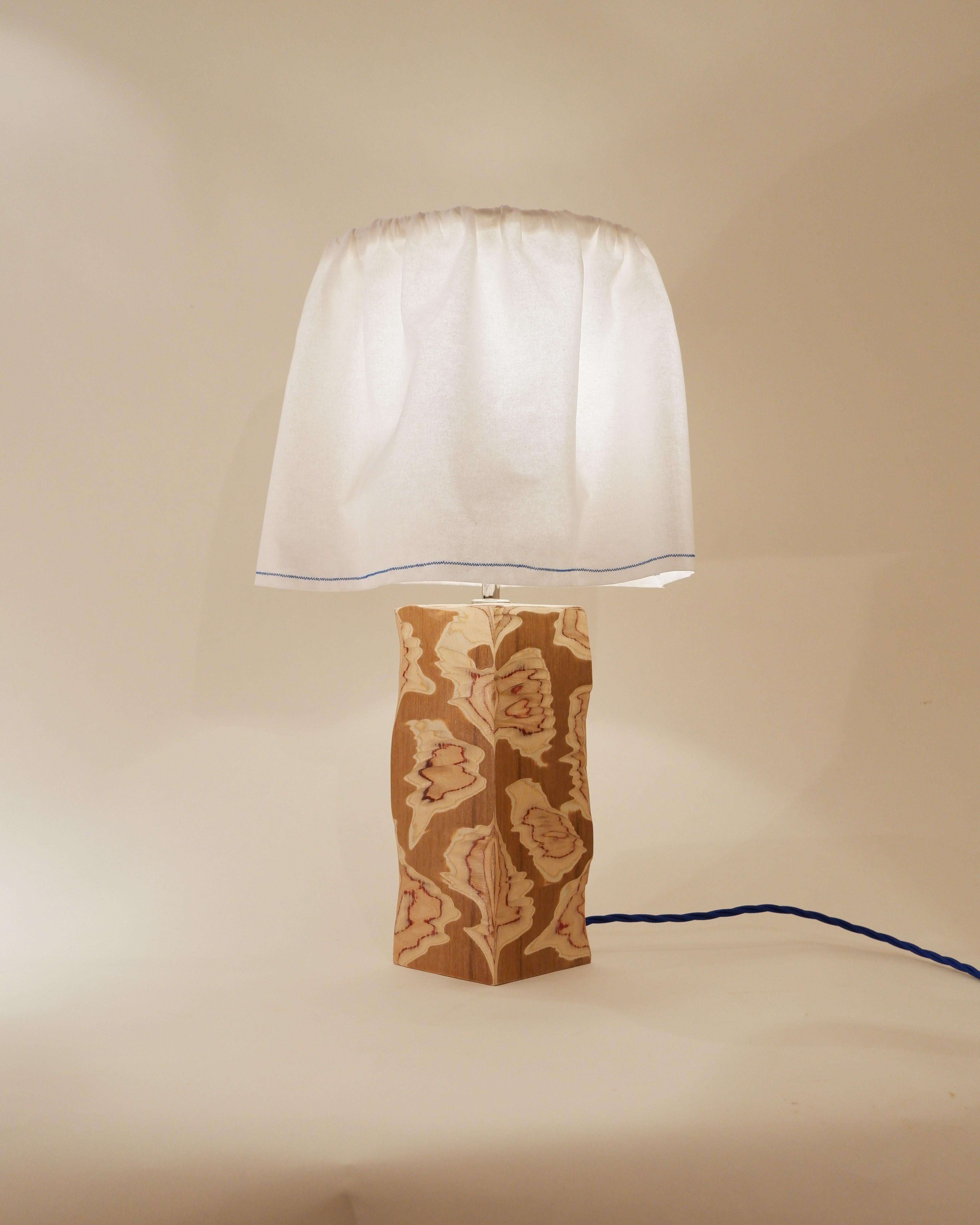 Acid Table Lamp. Modern carved teak lamp with fabric shade by Josh Page Studio
