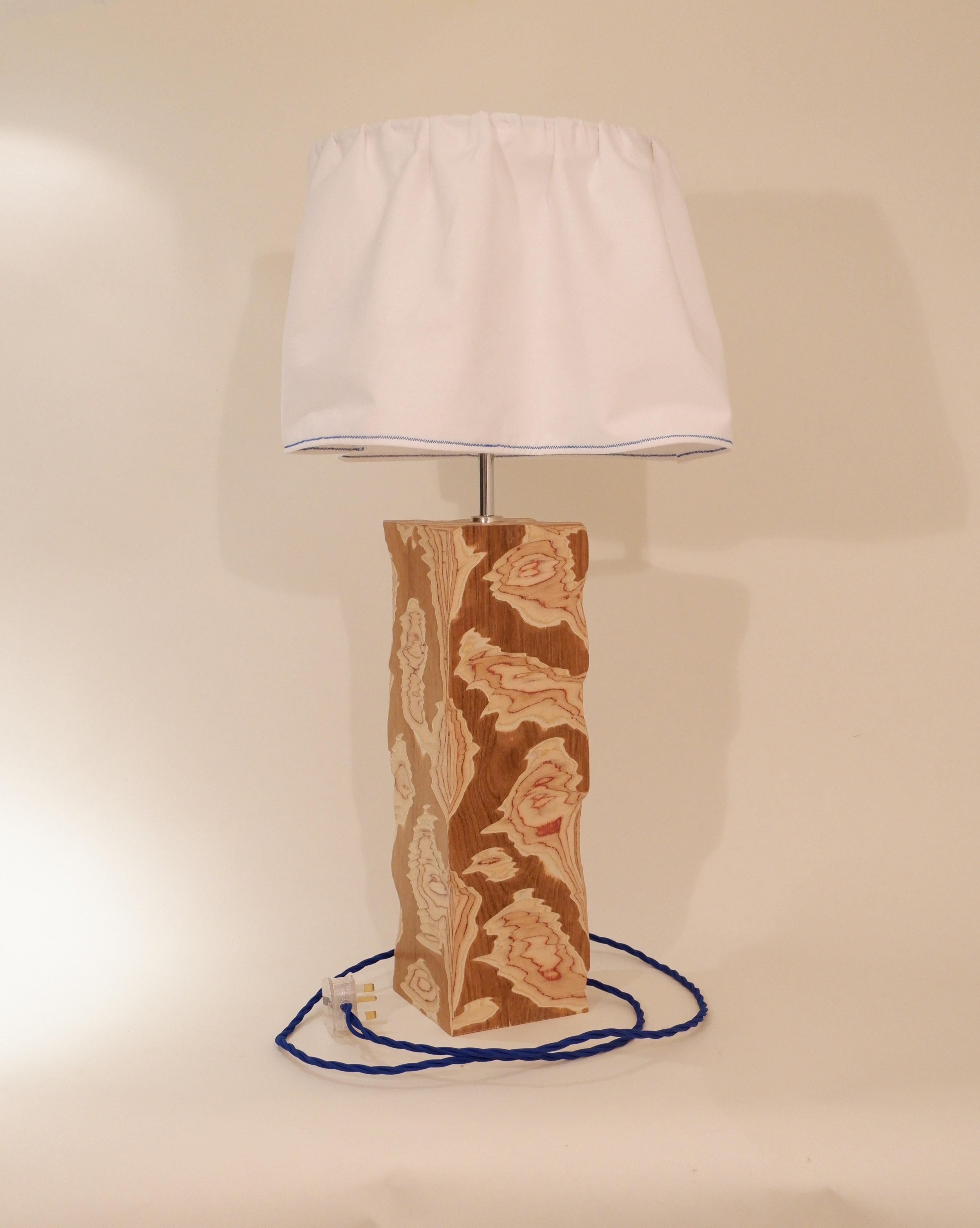 Contemporary Acid Table Large Lamp. Modern carved teak with fabric shade. Josh Page Studio For Sale