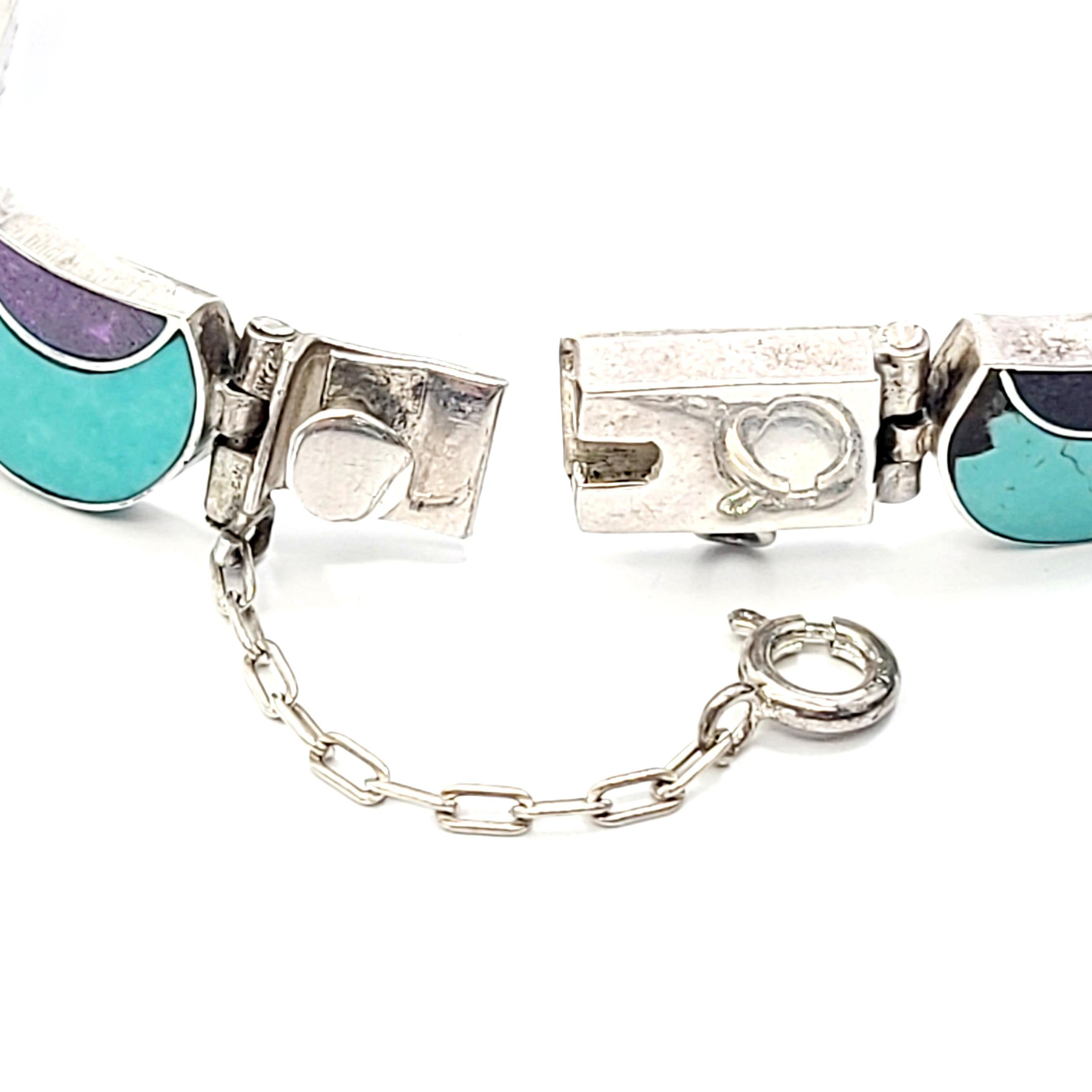 Cabochon Acleoni 980 Sterling Silver Turquoise and Sugilite Inlay Bracelet