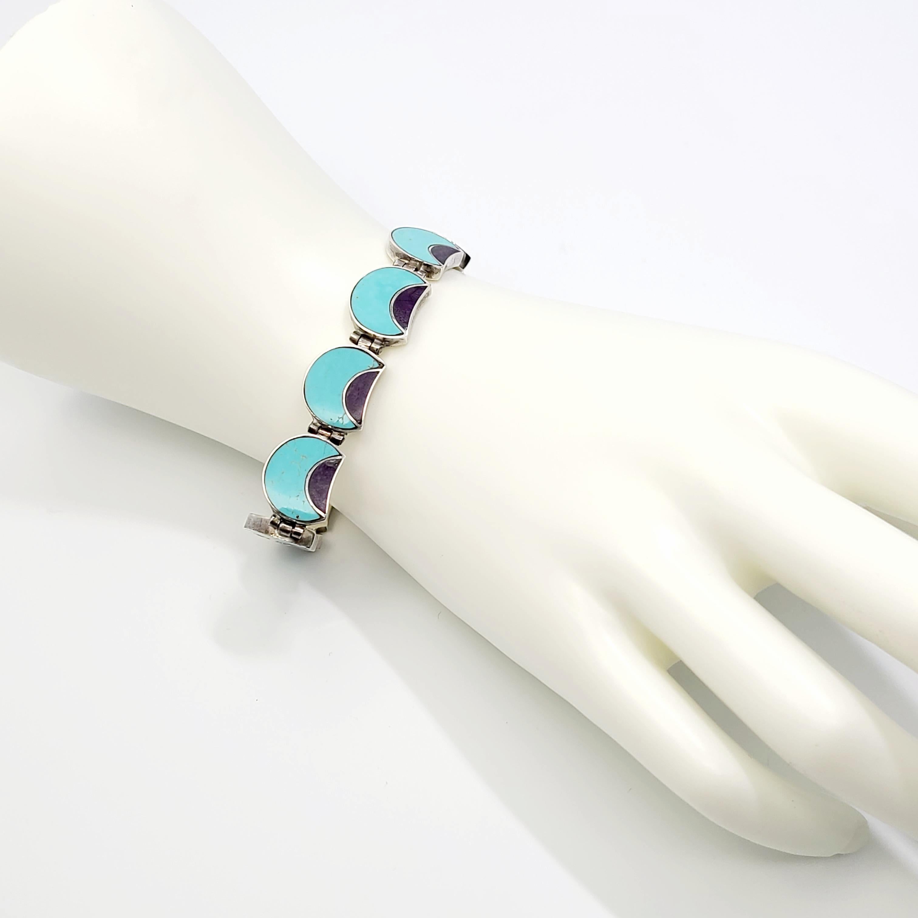 Acleoni 980 Sterling Silver Turquoise and Sugilite Inlay Bracelet In Good Condition In Washington Depot, CT