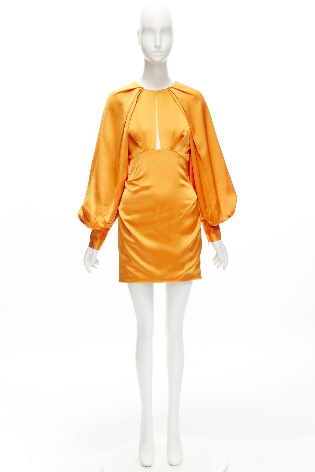 ACLER bright orange silky keyhole draped raglan puff sleeves mini dress US2 XS For Sale 4