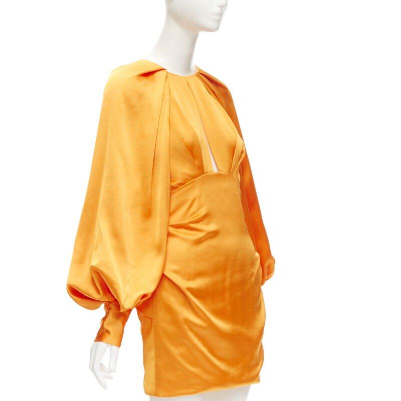 Orange ACLER bright orange silky keyhole draped raglan puff sleeves mini dress US2 XS For Sale
