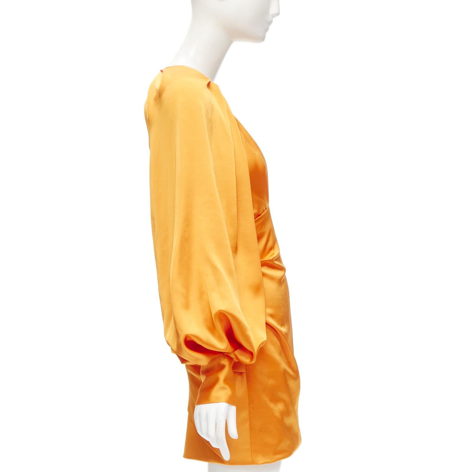 Orange ACLER bright orange silky keyhole draped raglan puff sleeves mini dress US2 XS For Sale