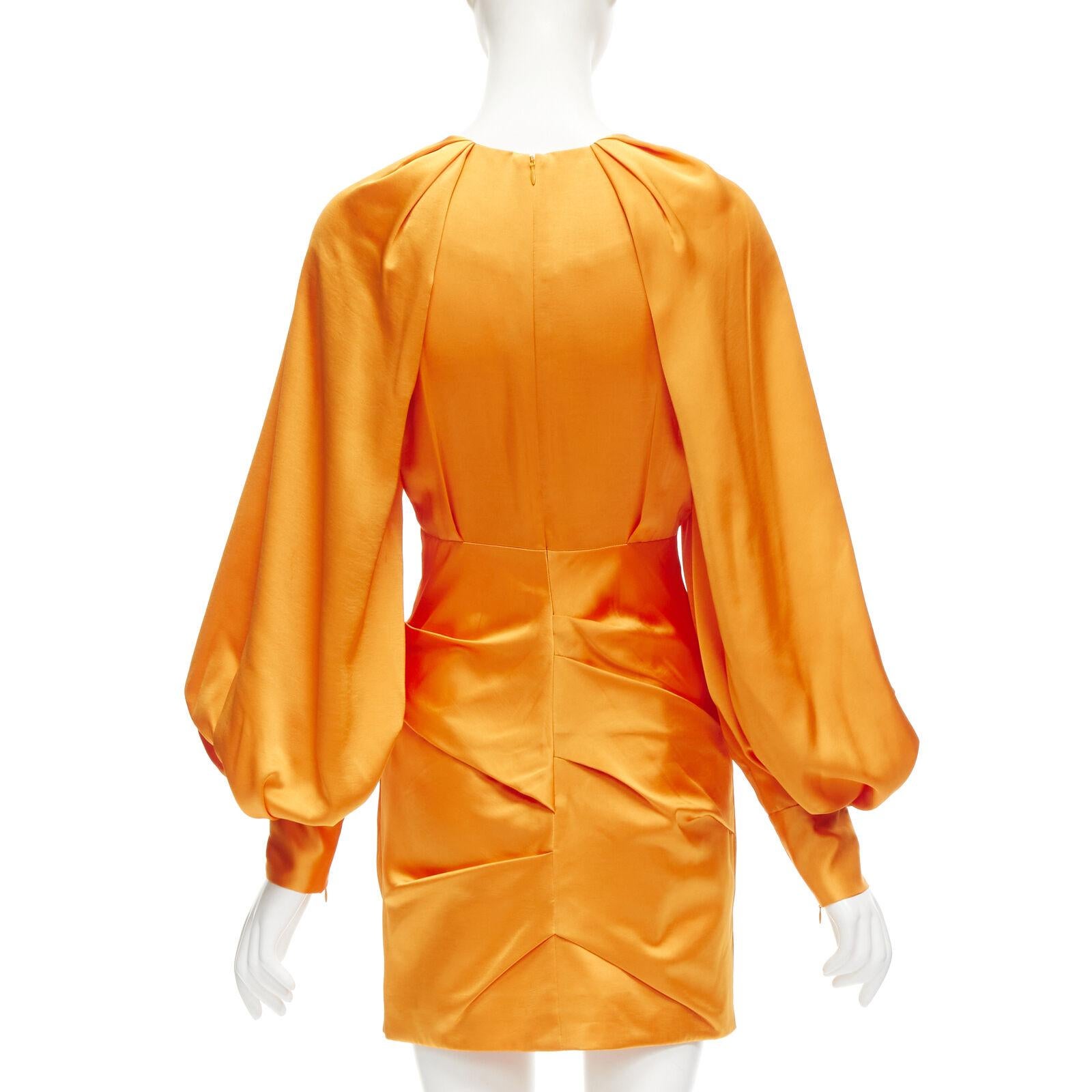 ACLER bright orange silky keyhole draped raglan puff sleeves mini dress US2 XS In Excellent Condition For Sale In Hong Kong, NT