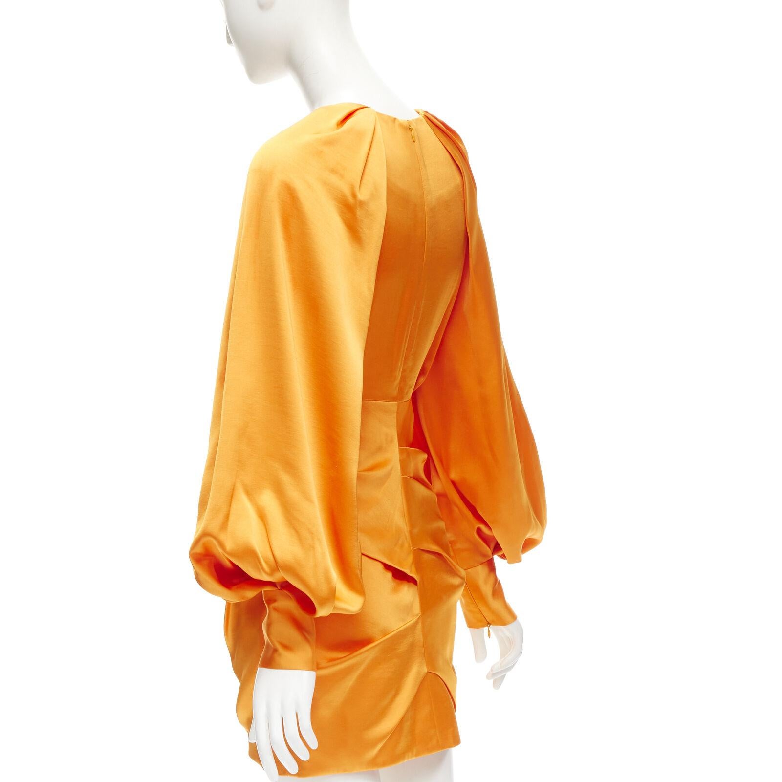 Women's ACLER bright orange silky keyhole draped raglan puff sleeves mini dress US2 XS For Sale