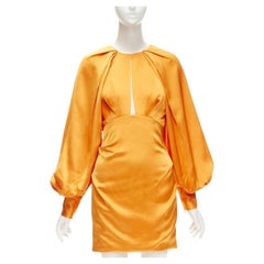 ACLER bright orange silky keyhole draped raglan puff sleeves mini dress US2 XS