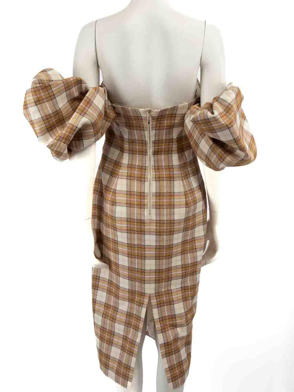 Acler Brown Off-Shoulder Tartan Fitted Midi Dress Size M In Excellent Condition For Sale In London, GB
