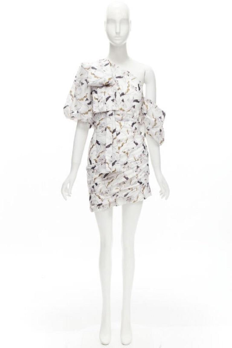 ACLER Maves white floral print bow off shoulder puff sleeve dress US2 XS For Sale 6