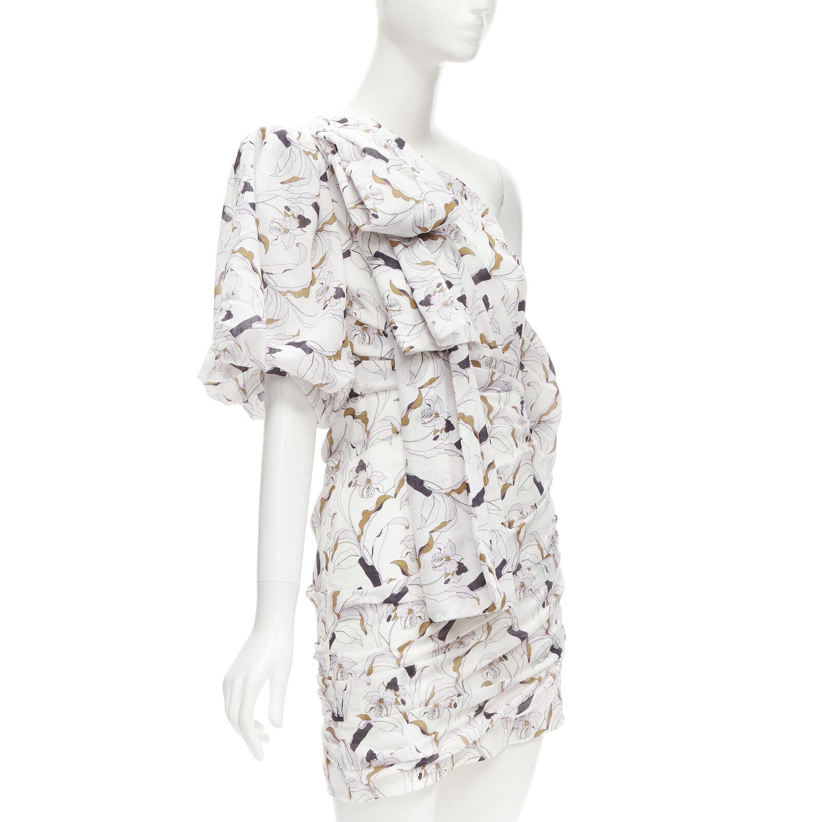 Gris ACLER Robe à manches bouffantes Maves avec imprimé floral blanc et nœud papillon taille US 2 XS en vente