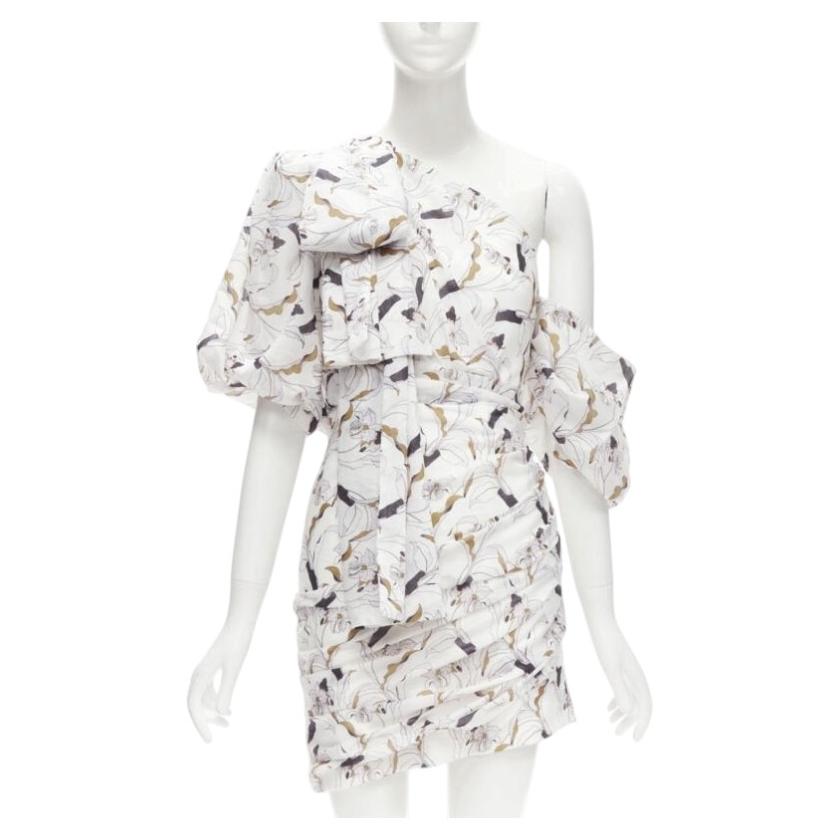 ACLER Maves white floral print bow off shoulder puff sleeve dress US2 XS For Sale