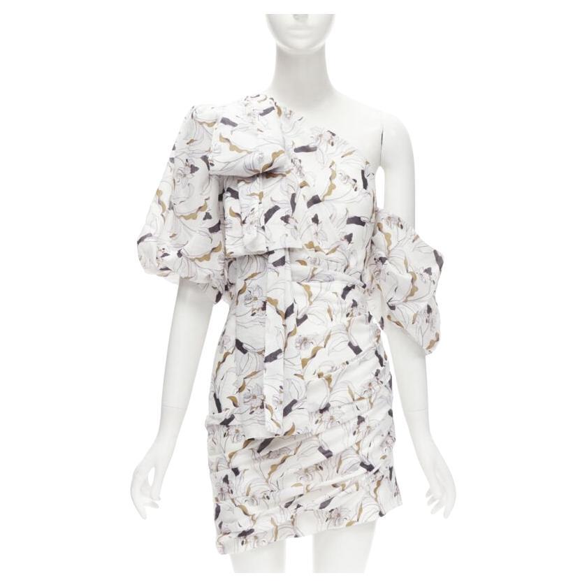 ACLER Maves white floral print bow off shoulder puff sleeve dress US2 XS For Sale