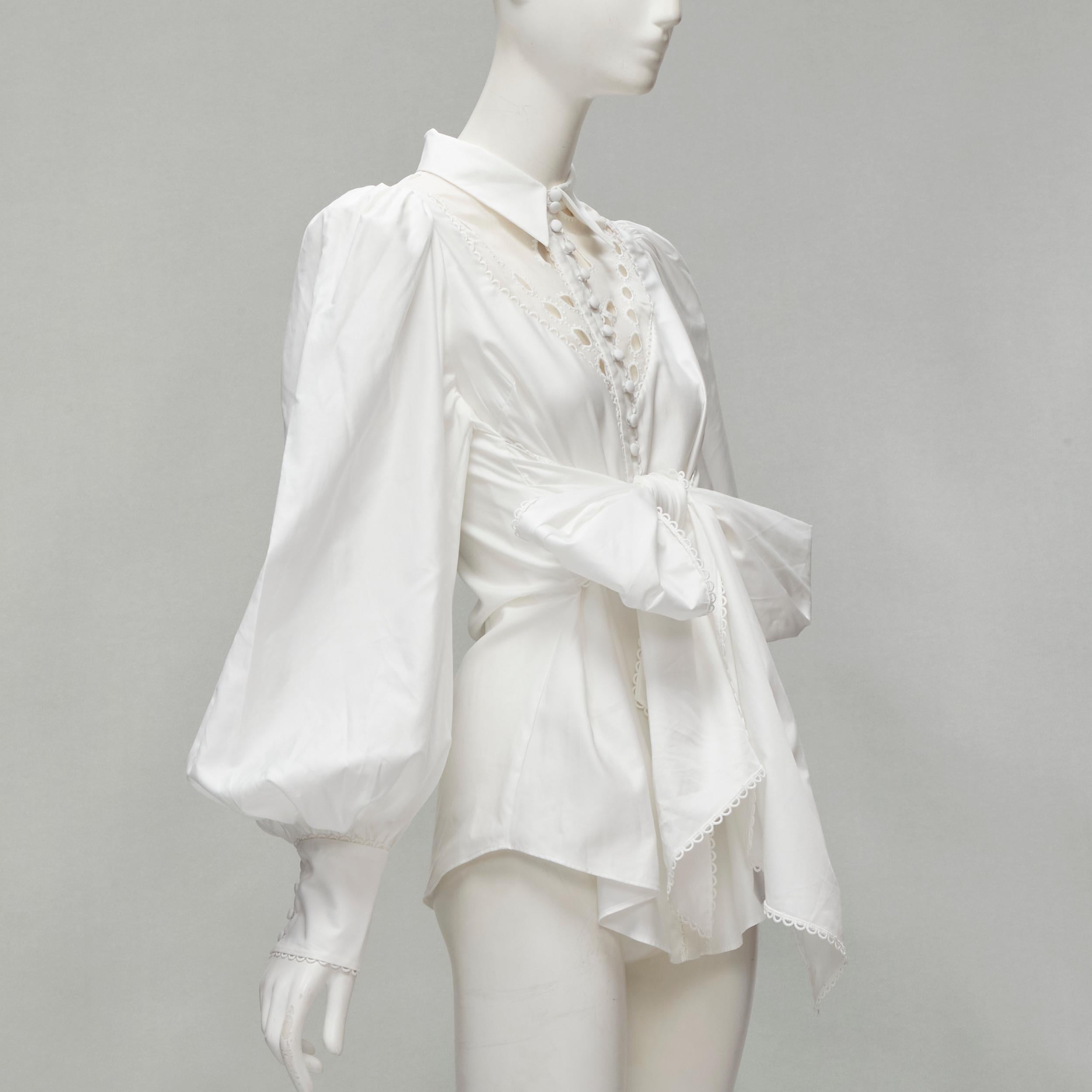 ACLER white cotton eyelet cutout big bow puff sleeve blouse US2 S In Excellent Condition For Sale In Hong Kong, NT