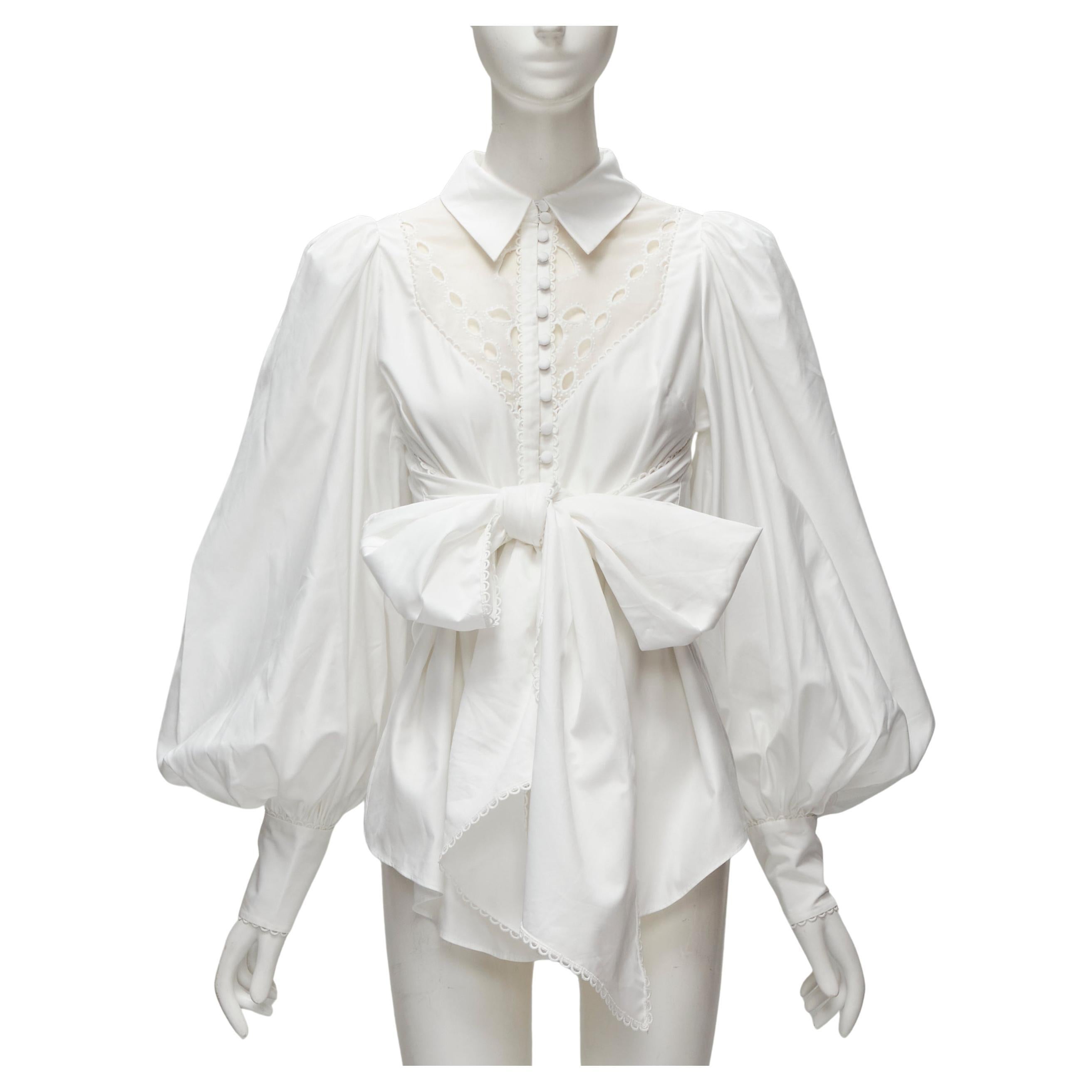 ACLER white cotton eyelet cutout big bow puff sleeve blouse US2 S For Sale