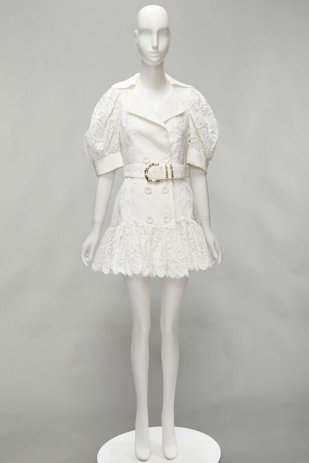 ACLER blanco bordado ojal manga abullonada con cinturón vestido doble US2 XS en venta 6