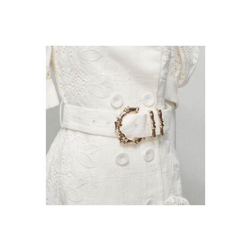 ACLER white embroidery eyelet puff sleeve belted double breasted dress US2 XS
Reference: AAWC/A00165
Brand: Acler
Material: Cotton, Blend
Color: White
Pattern: Solid
Closure: Button
Extra Details: White floral embroidery. Trench double collar with