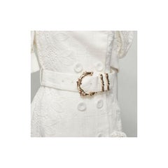 ACLER white embroidery eyelet puff sleeve belted double breasted dress US2 XS