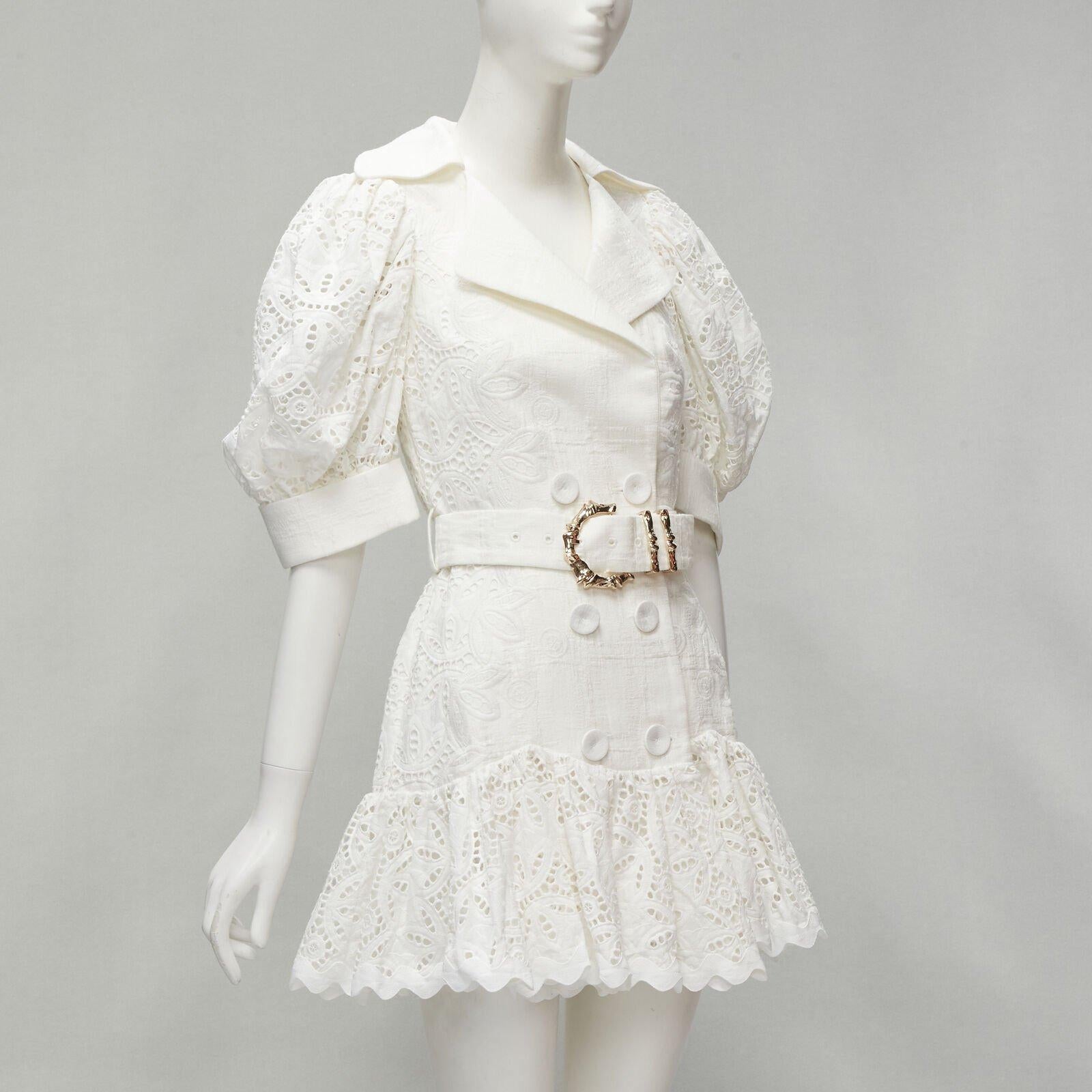 ACLER blanco bordado ojal manga abullonada con cinturón vestido doble US2 XS en Excelente estado para la venta en Hong Kong, NT
