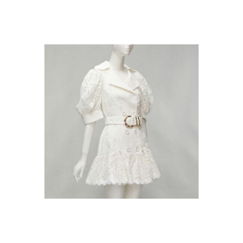 ACLER white embroidery eyelet puff sleeve belted double breasted dress US2 XS In Excellent Condition For Sale In Hong Kong, NT