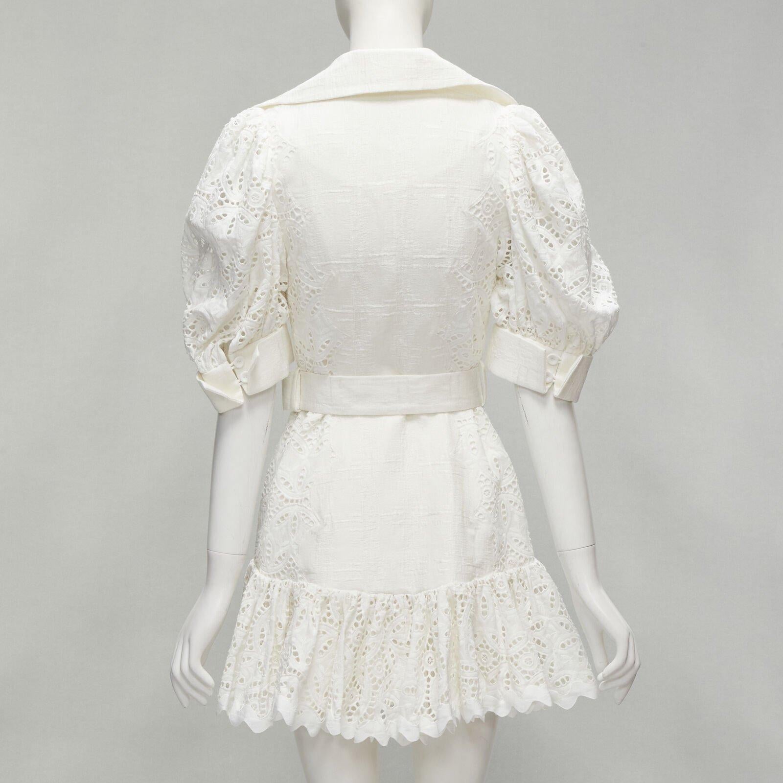ACLER blanco bordado ojal manga abullonada con cinturón vestido doble US2 XS en venta 1