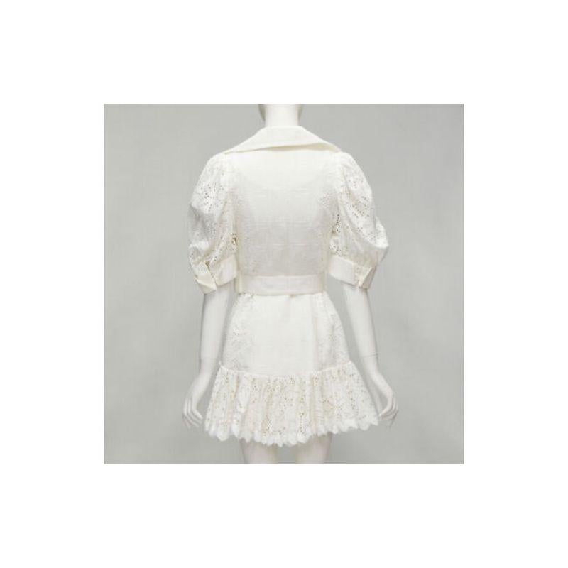 ACLER white embroidery eyelet puff sleeve belted double breasted dress US2 XS For Sale 1