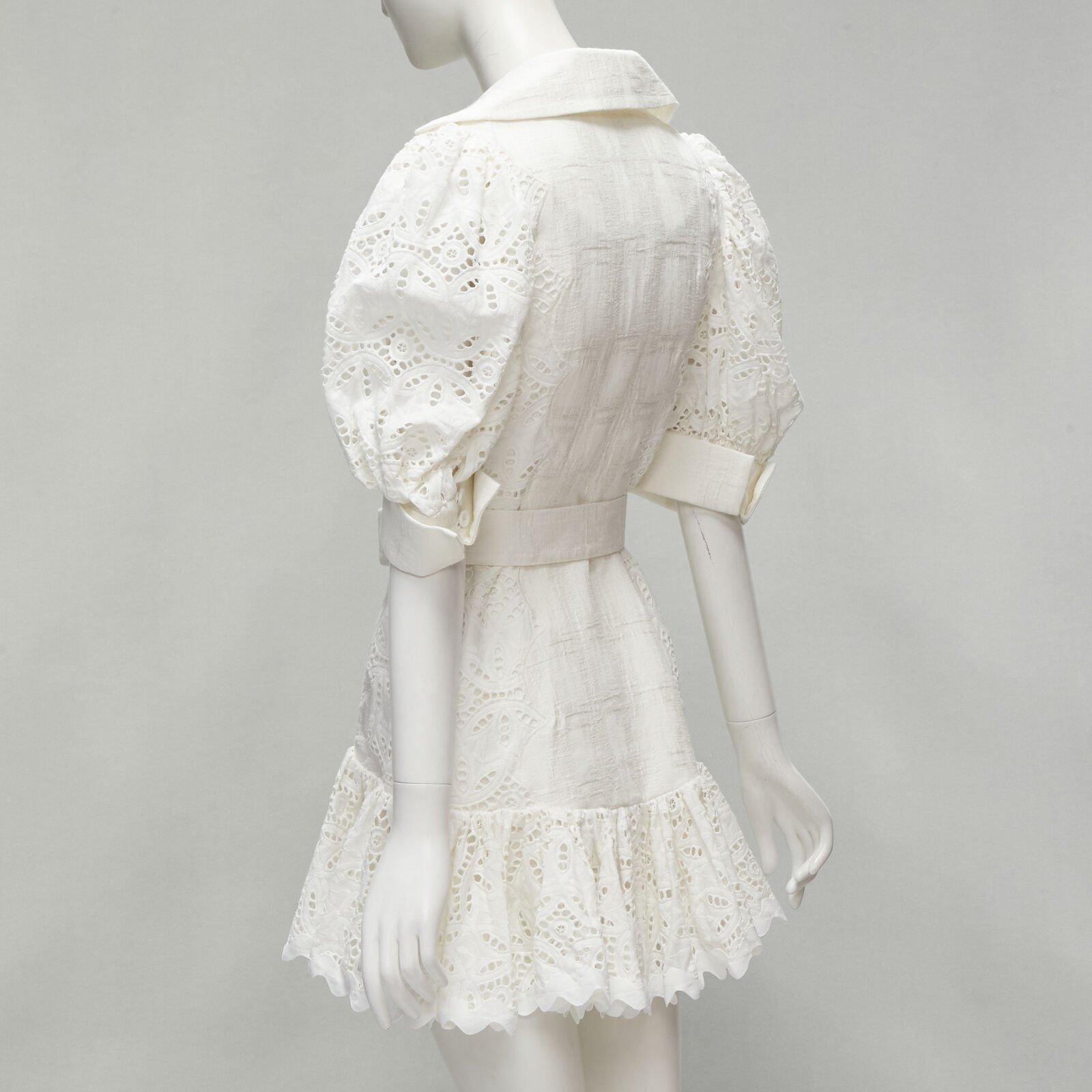 ACLER blanco bordado ojal manga abullonada con cinturón vestido doble US2 XS en venta 2