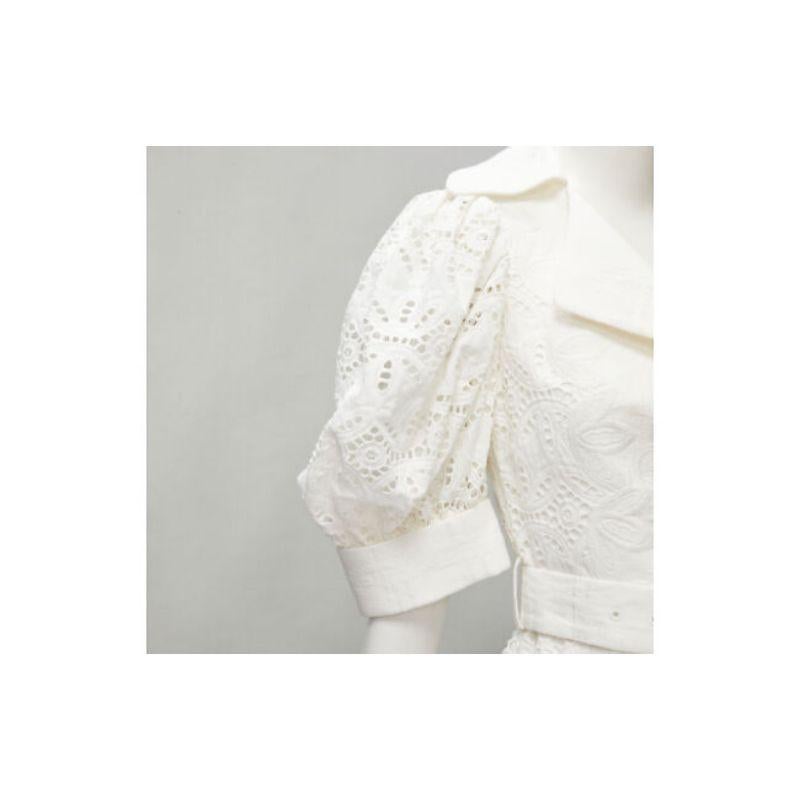 ACLER white embroidery eyelet puff sleeve belted double breasted dress US2 XS For Sale 3