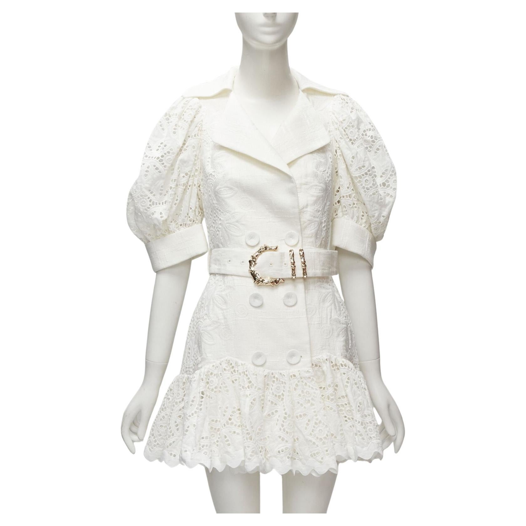 ACLER blanco bordado ojal manga abullonada con cinturón vestido doble US2 XS en venta
