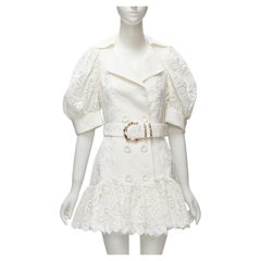 ACLER white embroidery eyelet puff sleeve belted double breasted dress US2 XS