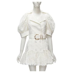 ACLER white embroidery eyelet puff sleeve belted double breasted dress US2 XS