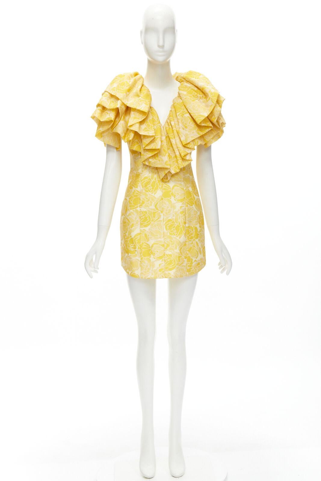 ACLER yellow floral print ruffle sweetheart neckline sheath dress US2 XS For Sale 3