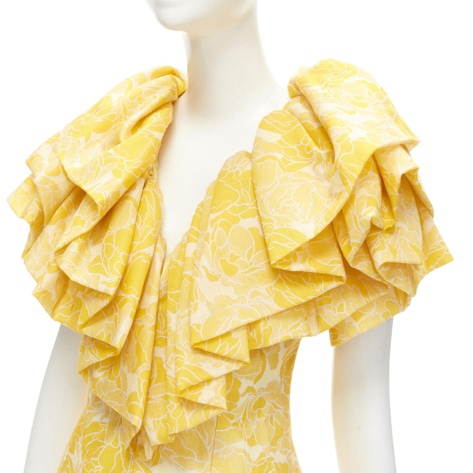 ACLER yellow floral print ruffle sweetheart neckline sheath dress US2 XS
Reference: AAWC/A00043
Brand: Acler
Material: Cotton
Color: Yellow
Pattern: Floral
Closure: Zip
Lining: Unlined
Extra Details: Ruffle collar. Plunge sweetheart neckline.
