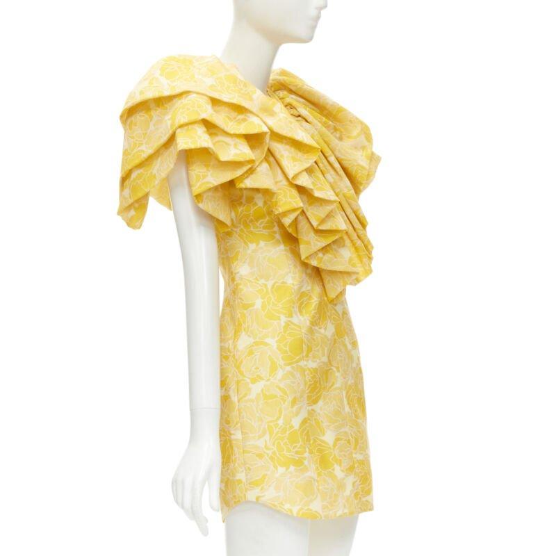 Jaune ACLER Robe fourreau à volants et encolure en forme de cœur jaune imprimé floral taille US 2 XS en vente