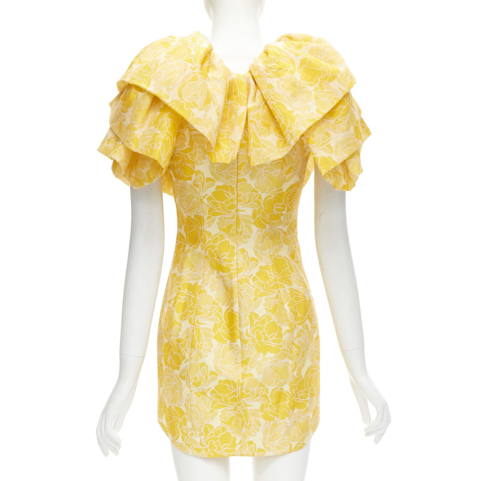 Yellow ACLER yellow floral print ruffle sweetheart neckline sheath dress US2 XS For Sale