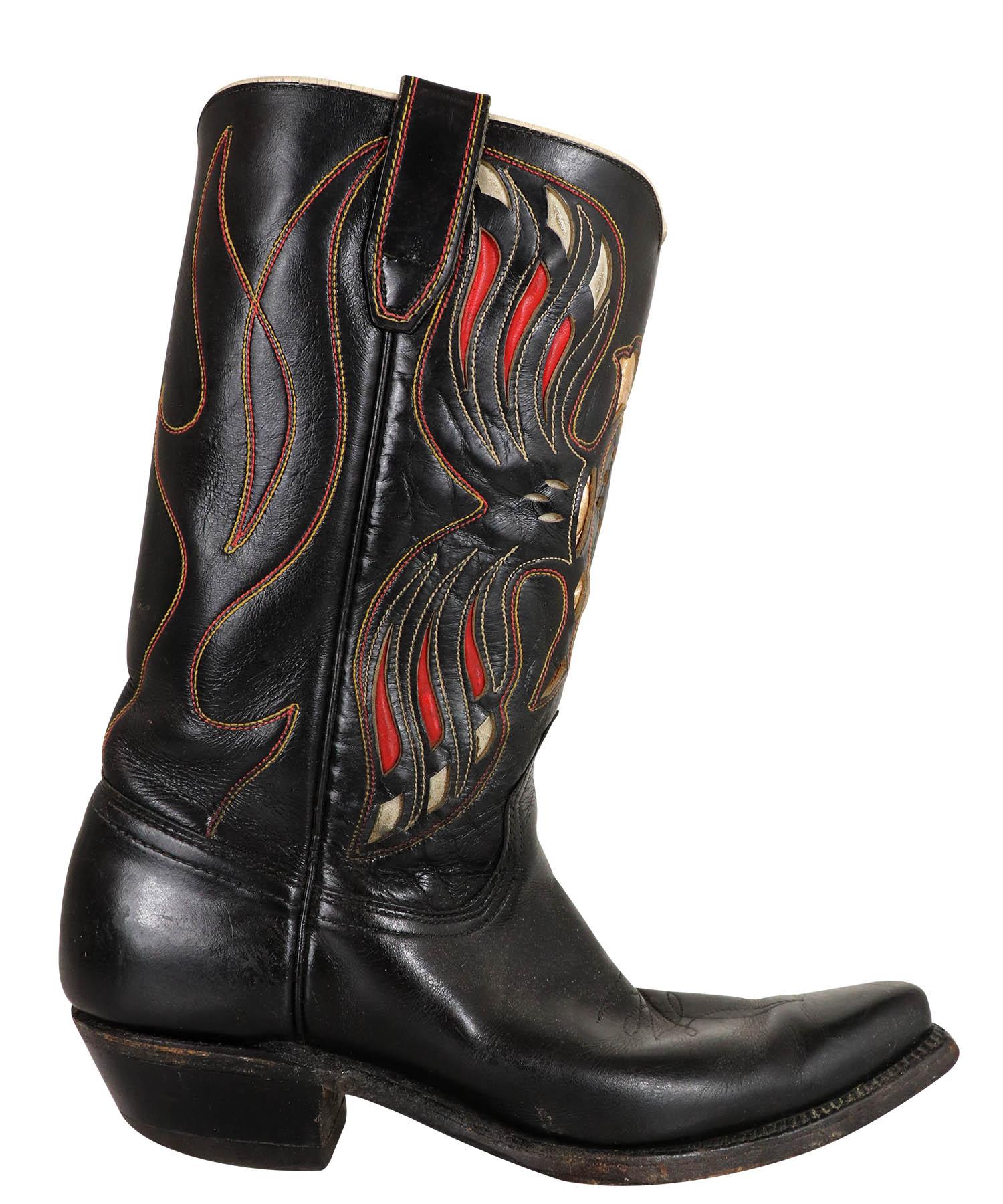 Acme vintage 1950's cowboy boots in black leather with a classic cutout eagle inlay design in red, gold and cream. Boots feature chisel toe with a slight square at toe and sole and cowboy heel. Marked size 7B, Not sure if this is men’s or women’s..