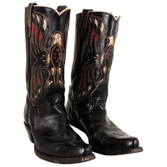 Acme Black Leather Eagle Cutout Cowboy Boots Vintage 1950's