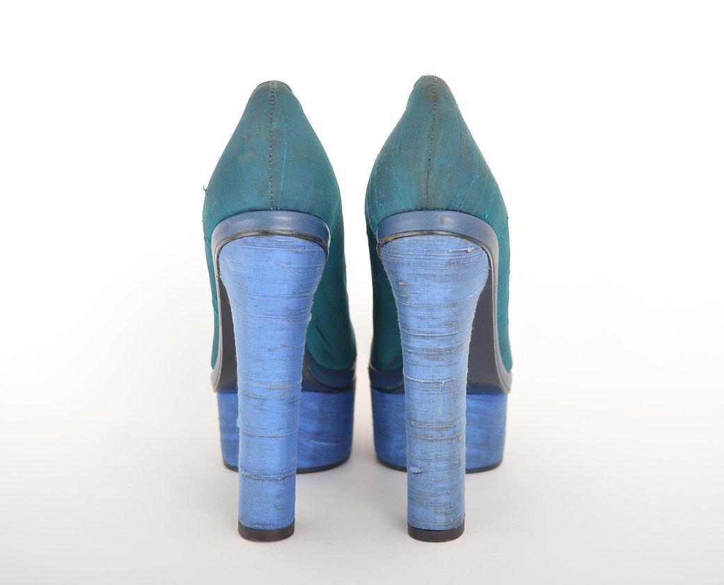 Acne 2000'S Raw Blue Silk Avant Guard Towering Platform Heels For Sale 6