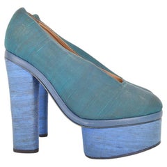 Acne 2000'S Raw Blue Silk Avant Guard Towering Platform Heels