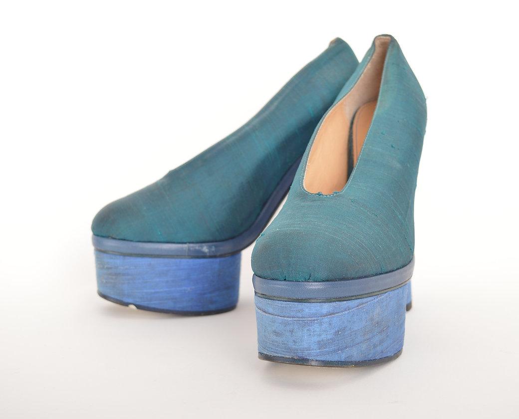 Acne 2000'S Raw Blue Silk Avant Guard Towering Platform Heels In Good Condition For Sale In Sheffield, GB