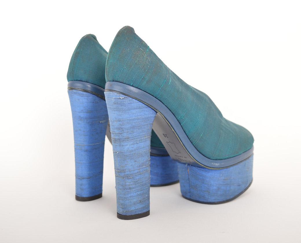Women's or Men's Acne 2000'S Raw Blue Silk Avant Guard Towering Platform Heels For Sale