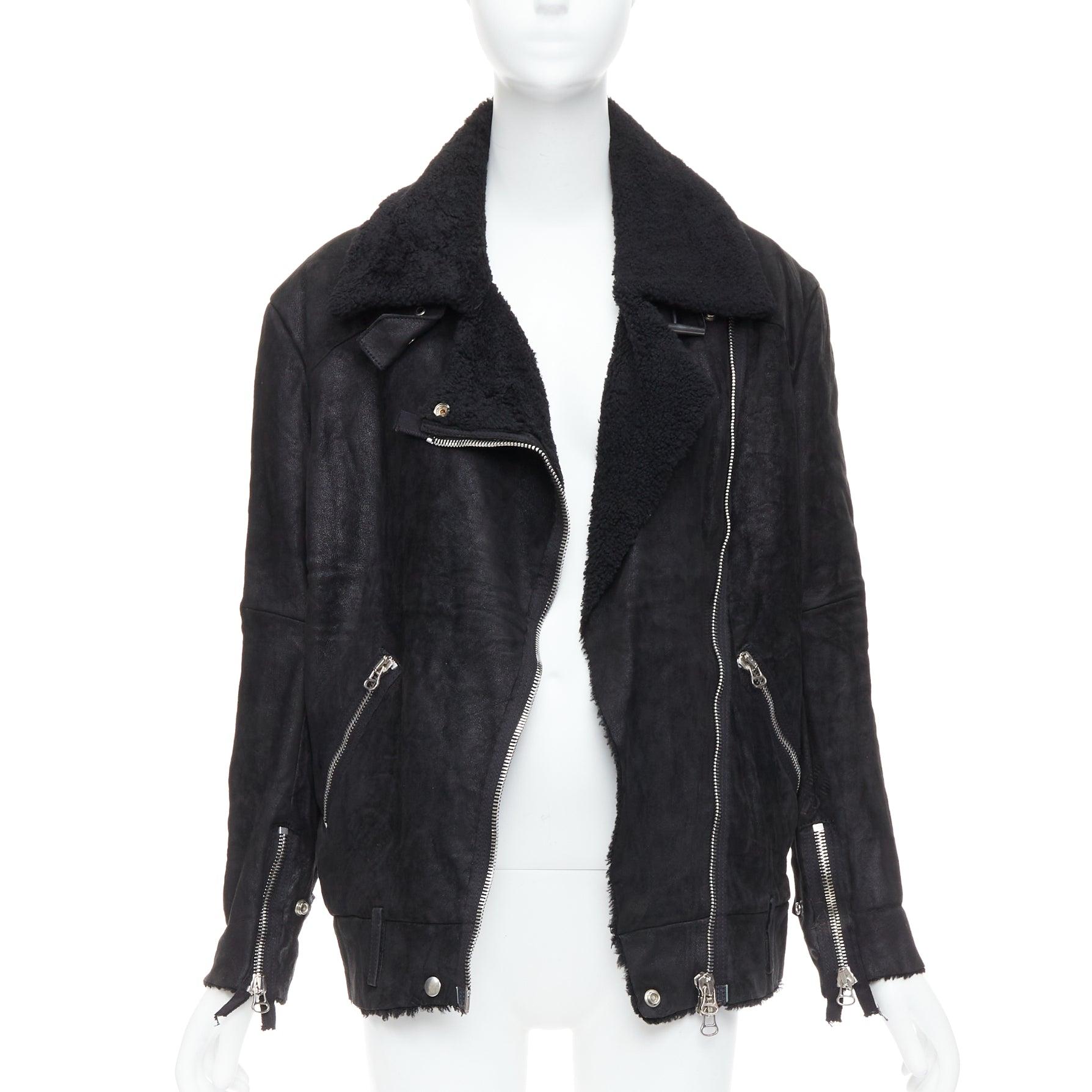 Nero ACNE STUDIOS 2011 Velocite nero shearling argento zip oversize biker FR34 XS in vendita